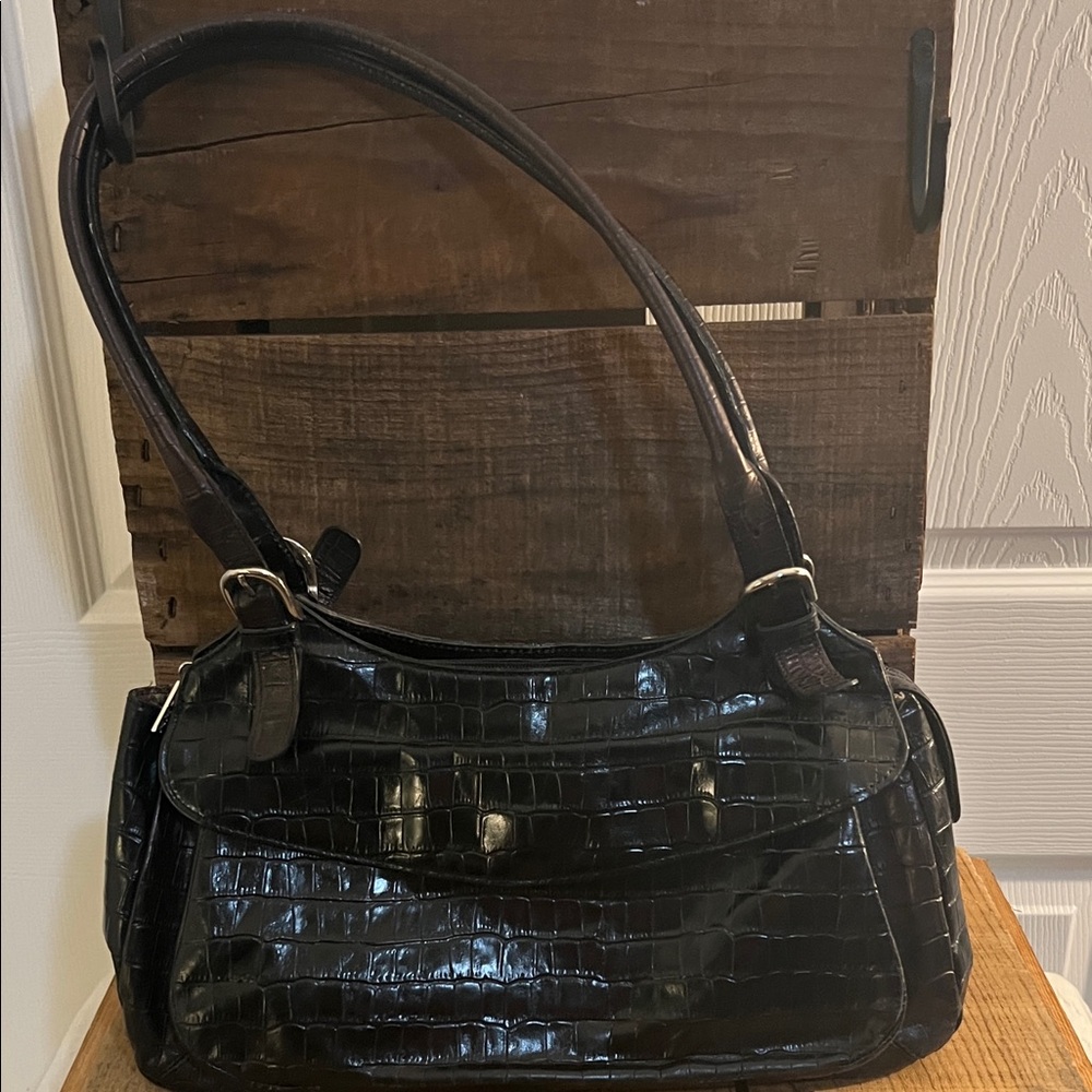 Maxx New York Glossy Black Croc-Embossed Shoulder Bag